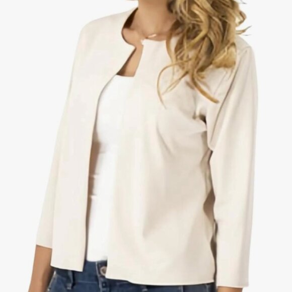 Neiman Marcus round neck cropped buttonless 3/4 sleeves leather blazer - Picture 2 of 10